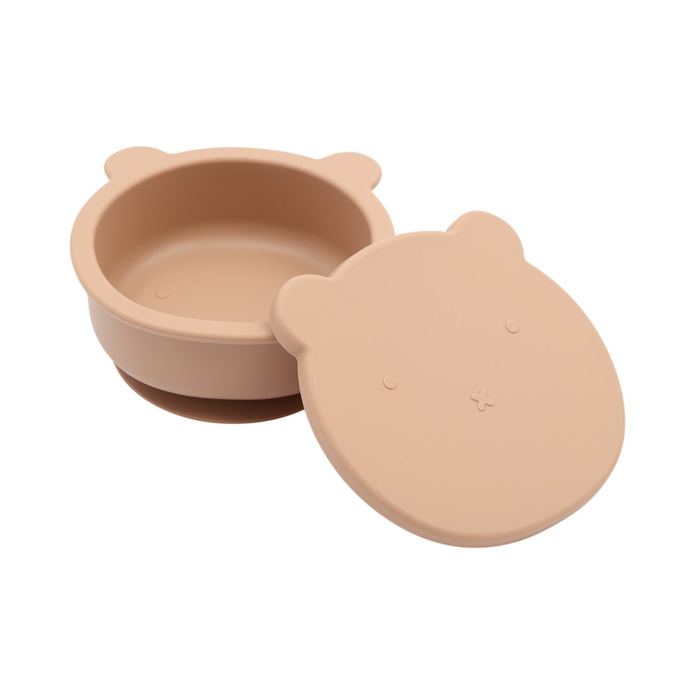 鉑金矽膠小熊碗附蓋-奶茶