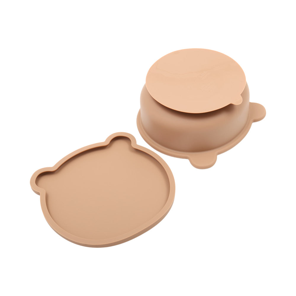 鉑金矽膠小熊碗附蓋-奶茶